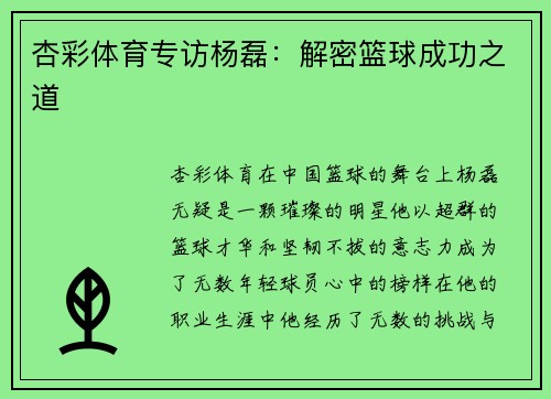 杏彩体育专访杨磊：解密篮球成功之道
